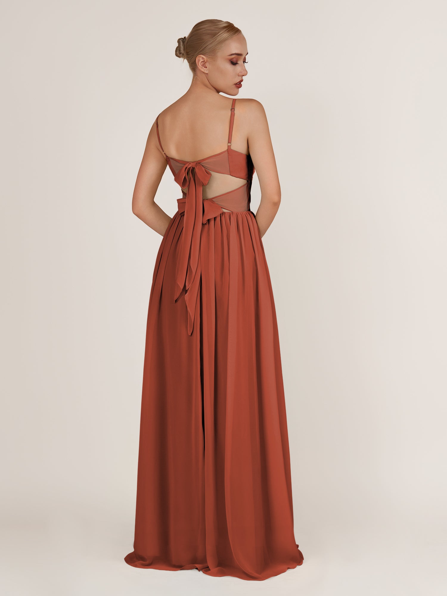 KissDress-Quillaine Spice A Line V Neck Twisted Long Bridesmaid Dress with Slit