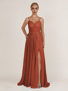 KissDress-Quillaine Spice A Line V Neck Twisted Long Bridesmaid Dress with Slit