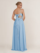 KissDress-Quillaine Steel Blue A Line V Neck Twisted Long Bridesmaid Dress with Slit