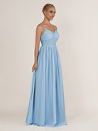 KissDress-Quillaine Steel Blue A Line V Neck Twisted Long Bridesmaid Dress with Slit