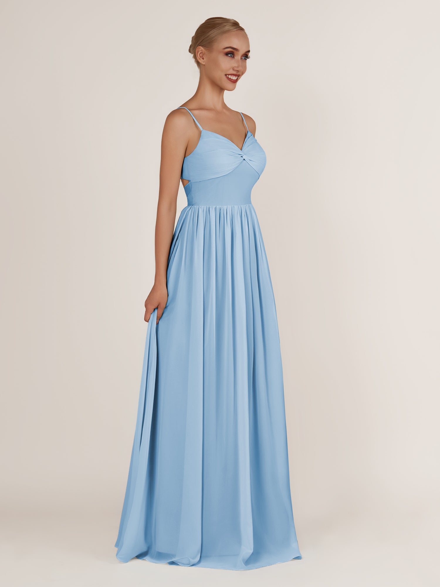 KissDress-Quillaine Steel Blue A Line V Neck Twisted Long Bridesmaid Dress with Slit