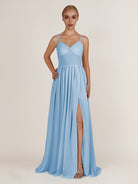 KissDress-Quillaine Steel Blue A Line V Neck Twisted Long Bridesmaid Dress with Slit