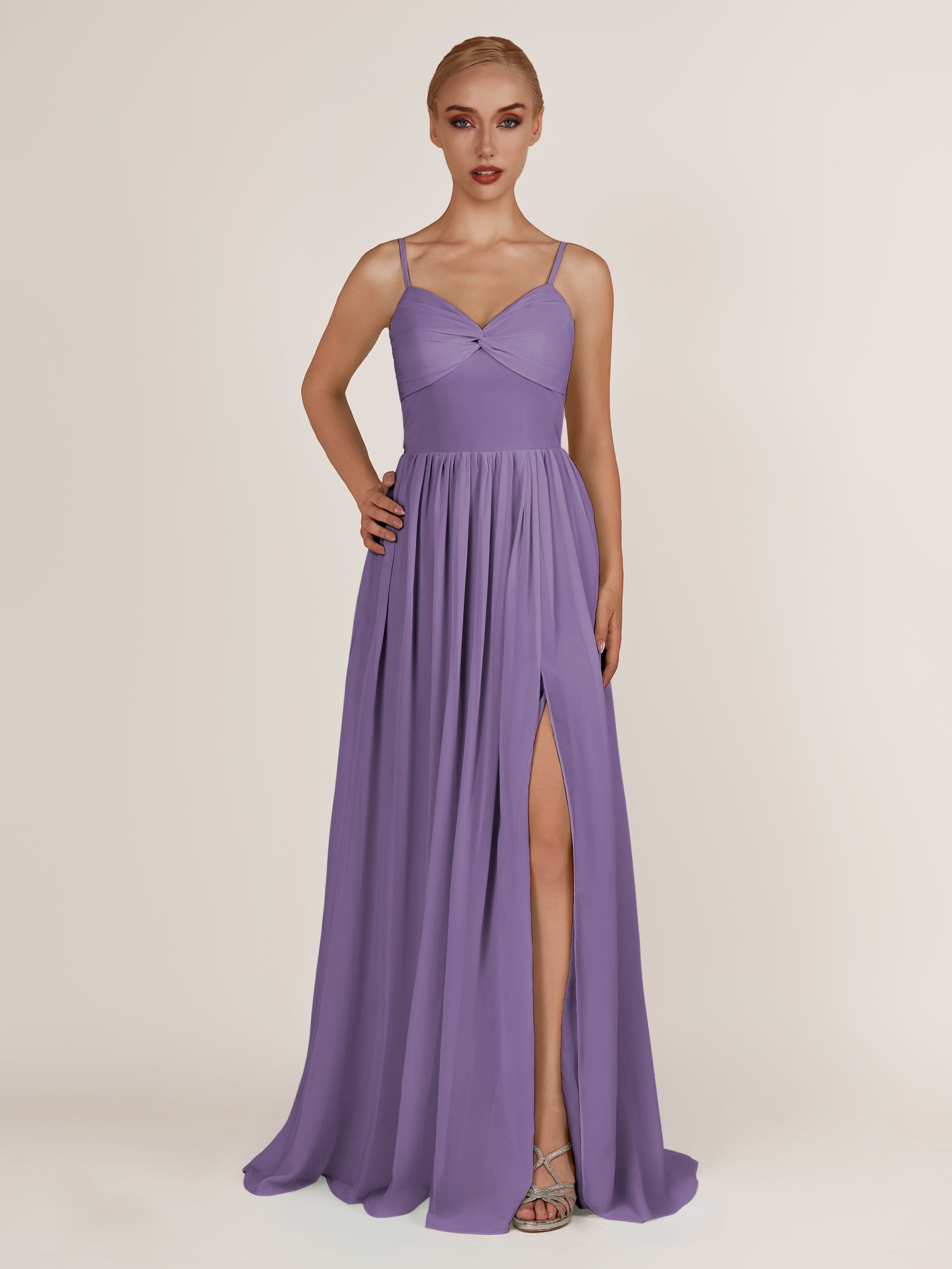 KissDress-Quillaine Tahiti A Line V Neck Twisted Long Bridesmaid Dress with Slit