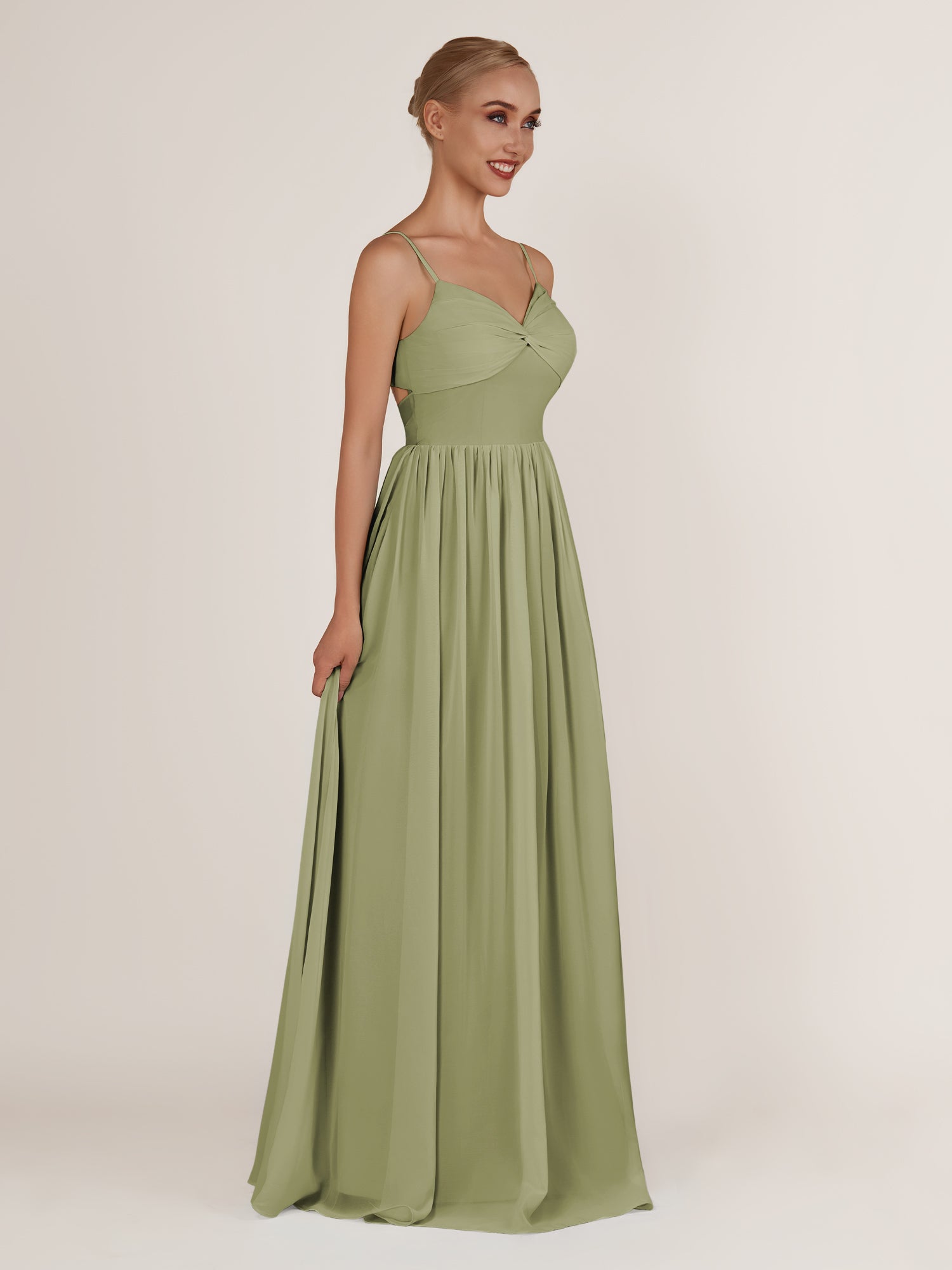 KissDress-Quillaine Thyme A Line V Neck Twisted Long Bridesmaid Dress with Slit