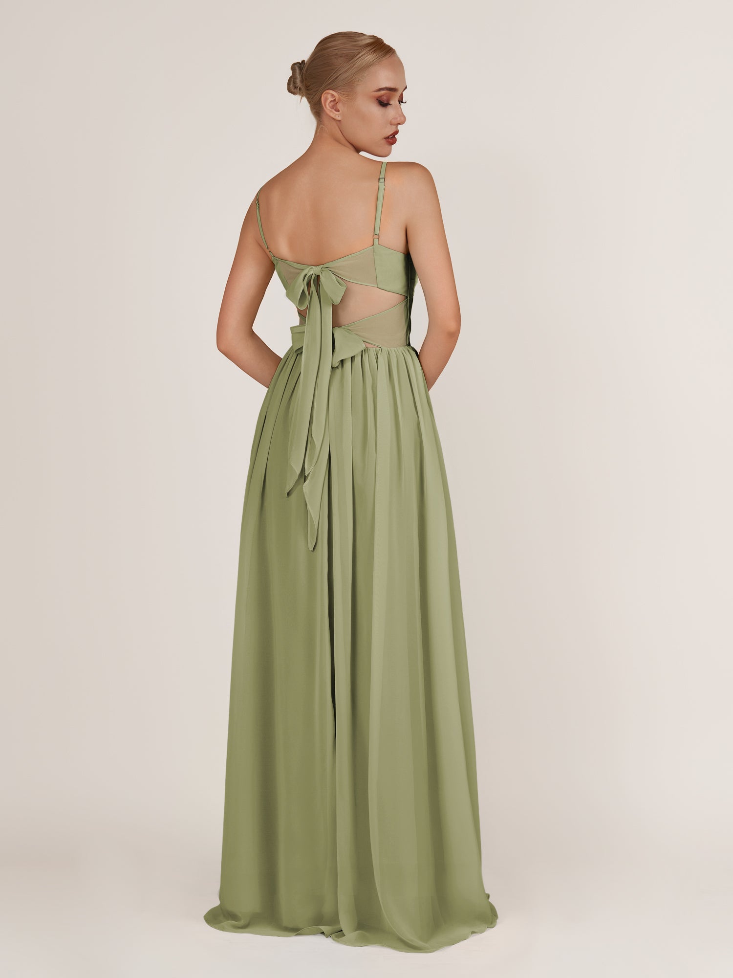 KissDress-Quillaine Thyme A Line V Neck Twisted Long Bridesmaid Dress with Slit