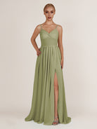 KissDress-Quillaine Thyme A Line V Neck Twisted Long Bridesmaid Dress with Slit