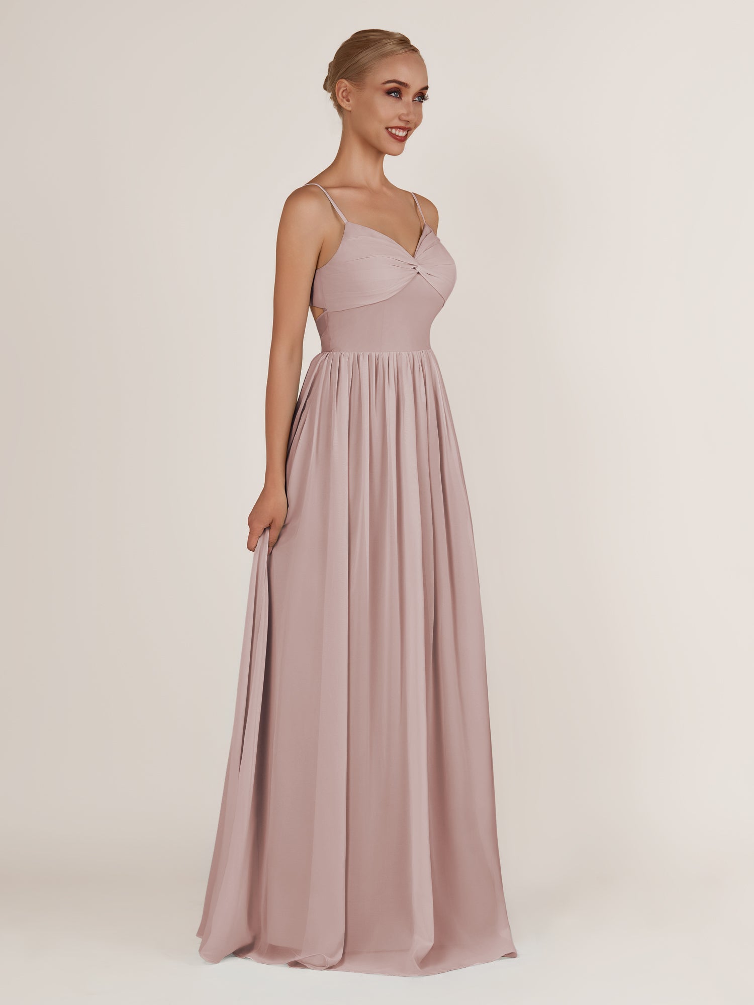 KissDress-Quillaine Toffee A Line V Neck Twisted Long Bridesmaid Dress with Slit