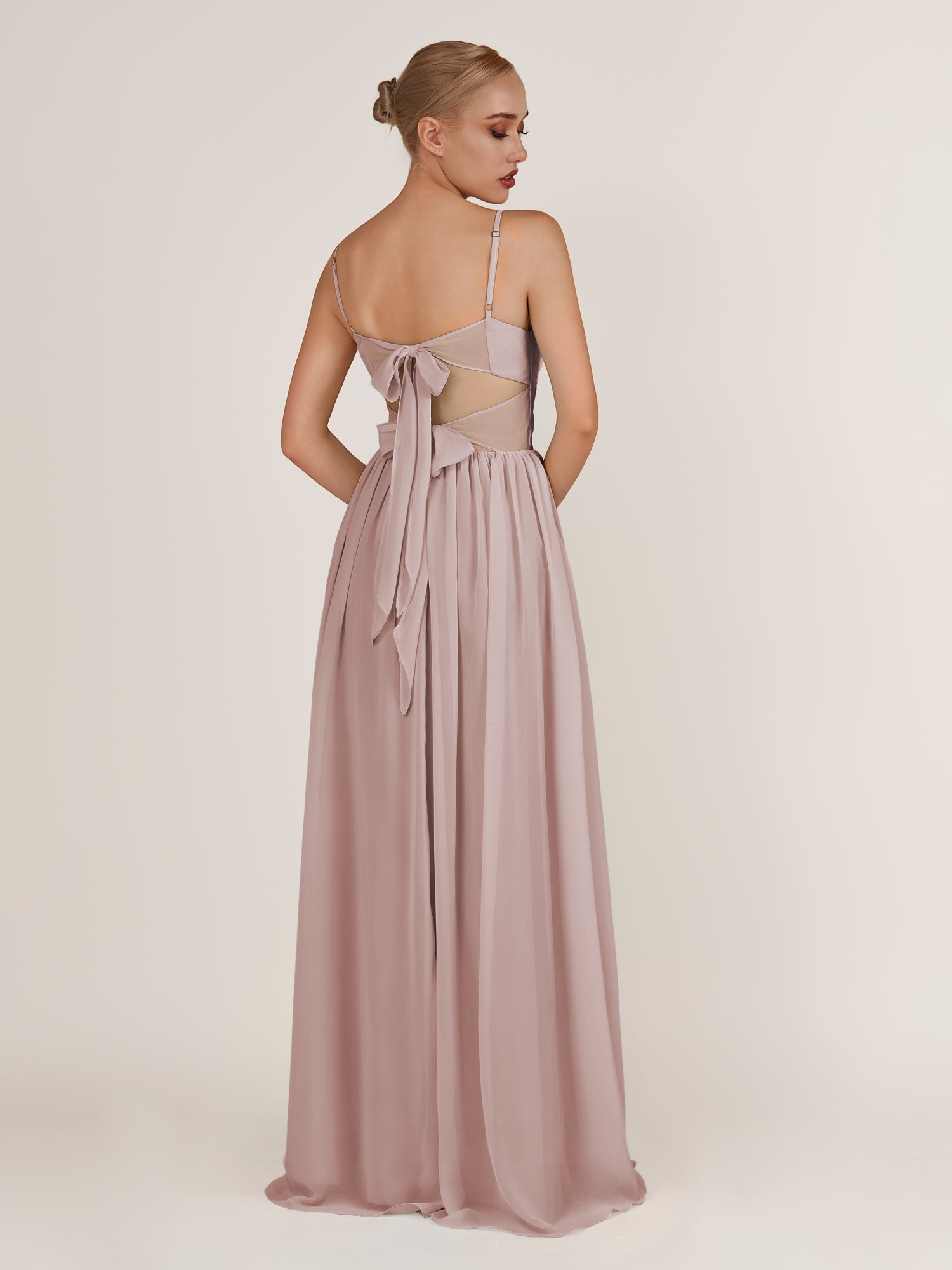 KissDress-Quillaine Toffee A Line V Neck Twisted Long Bridesmaid Dress with Slit