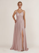 KissDress-Quillaine Toffee A Line V Neck Twisted Long Bridesmaid Dress with Slit