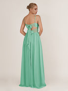 KissDress-Quillaine Turquoise A Line V Neck Twisted Long Bridesmaid Dress with Slit