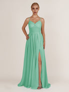 KissDress-Quillaine Turquoise A Line V Neck Twisted Long Bridesmaid Dress with Slit