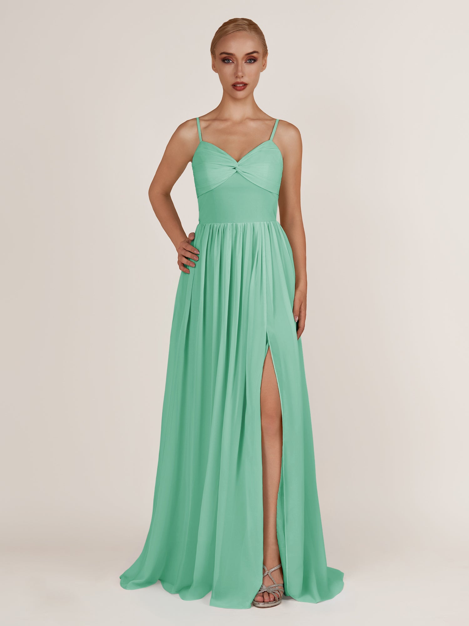 KissDress-Quillaine Turquoise A Line V Neck Twisted Long Bridesmaid Dress with Slit