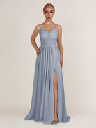 KissDress-Quillaine Twilight A Line V Neck Twisted Long Bridesmaid Dress with Slit