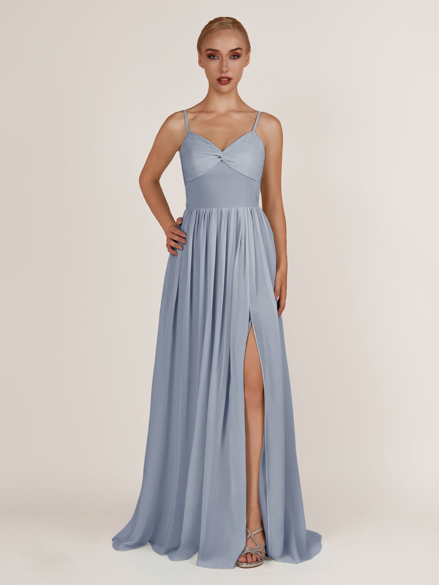 KissDress-Quillaine Twilight A Line V Neck Twisted Long Bridesmaid Dress with Slit