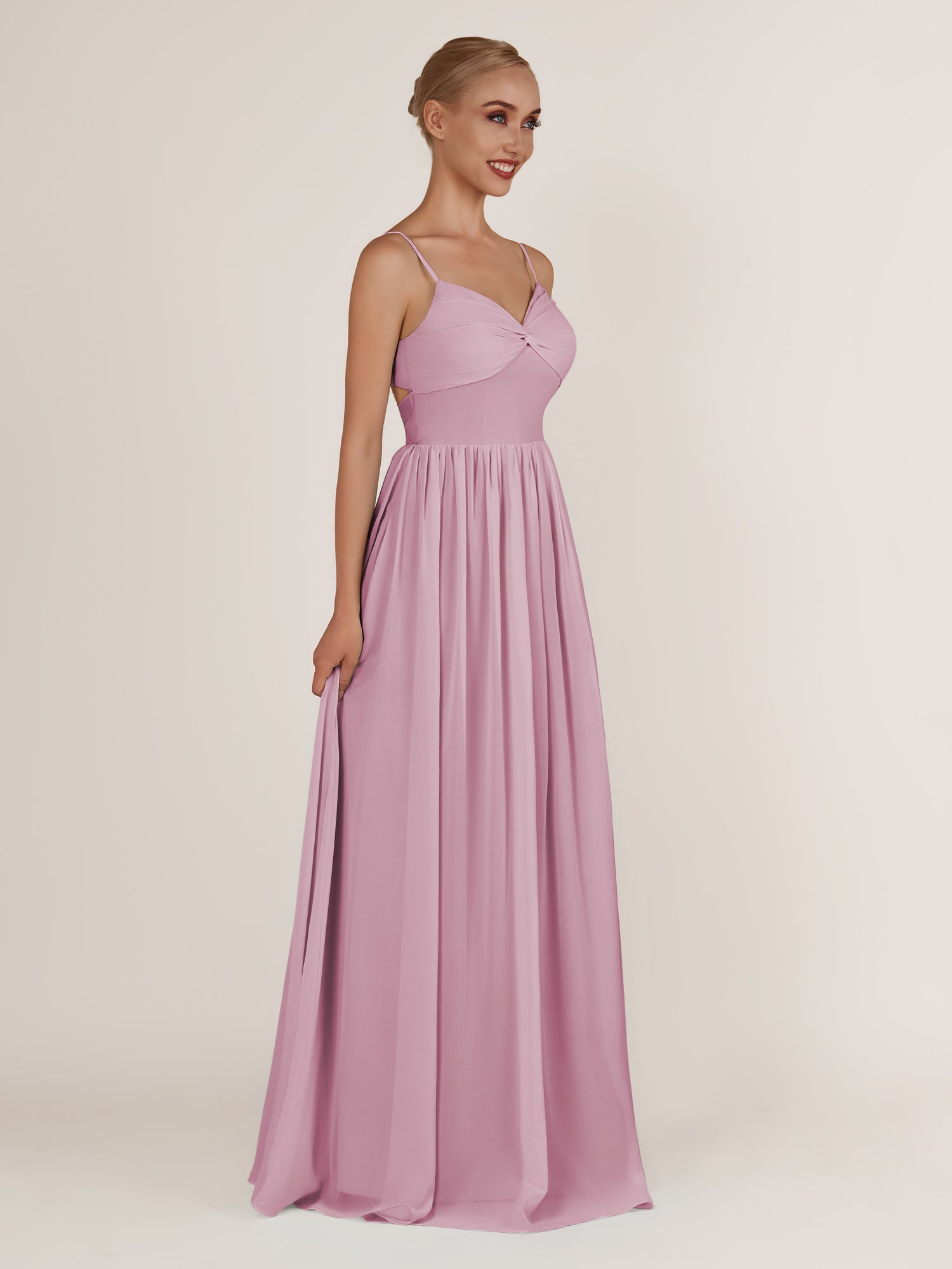 KissDress-Quillaine Vintage Mauve A Line V Neck Twisted Long Bridesmaid Dress with Slit