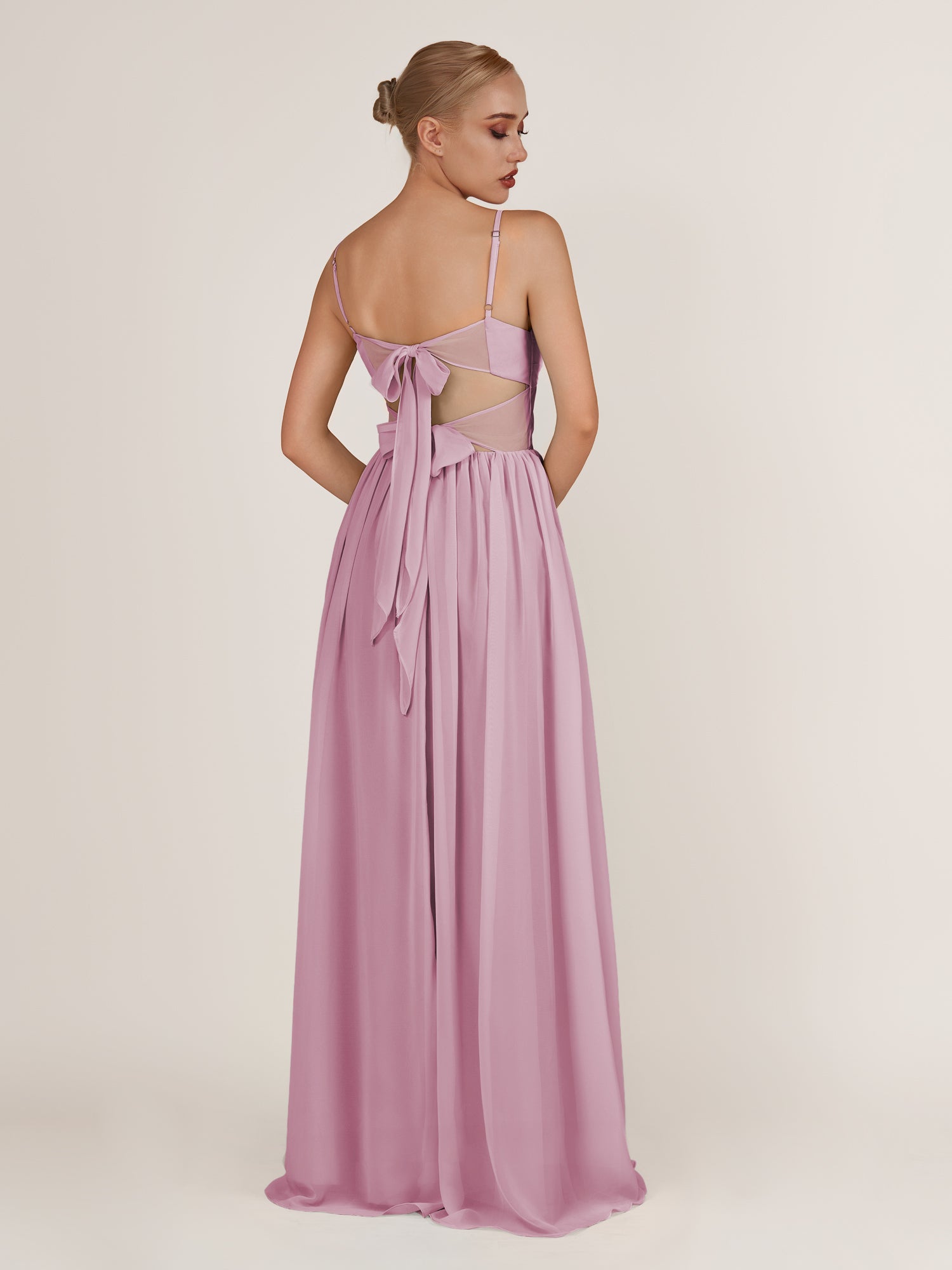 KissDress-Quillaine Vintage Mauve A Line V Neck Twisted Long Bridesmaid Dress with Slit
