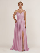 KissDress-Quillaine Vintage Mauve A Line V Neck Twisted Long Bridesmaid Dress with Slit