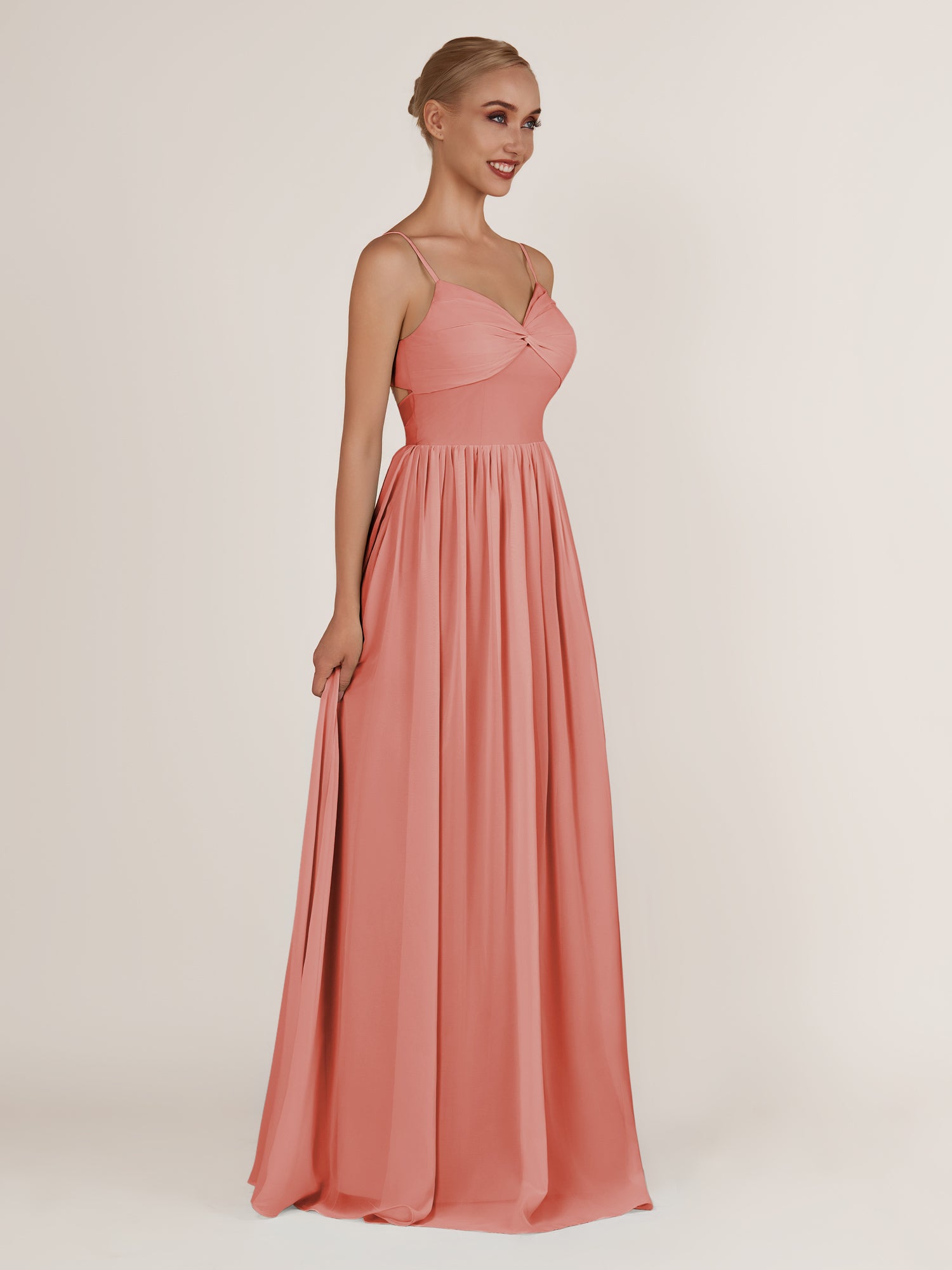 KissDress-Quillaine Wild Rose A Line V Neck Twisted Long Bridesmaid Dress with Slit