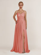 KissDress-Quillaine Wild Rose A Line V Neck Twisted Long Bridesmaid Dress with Slit