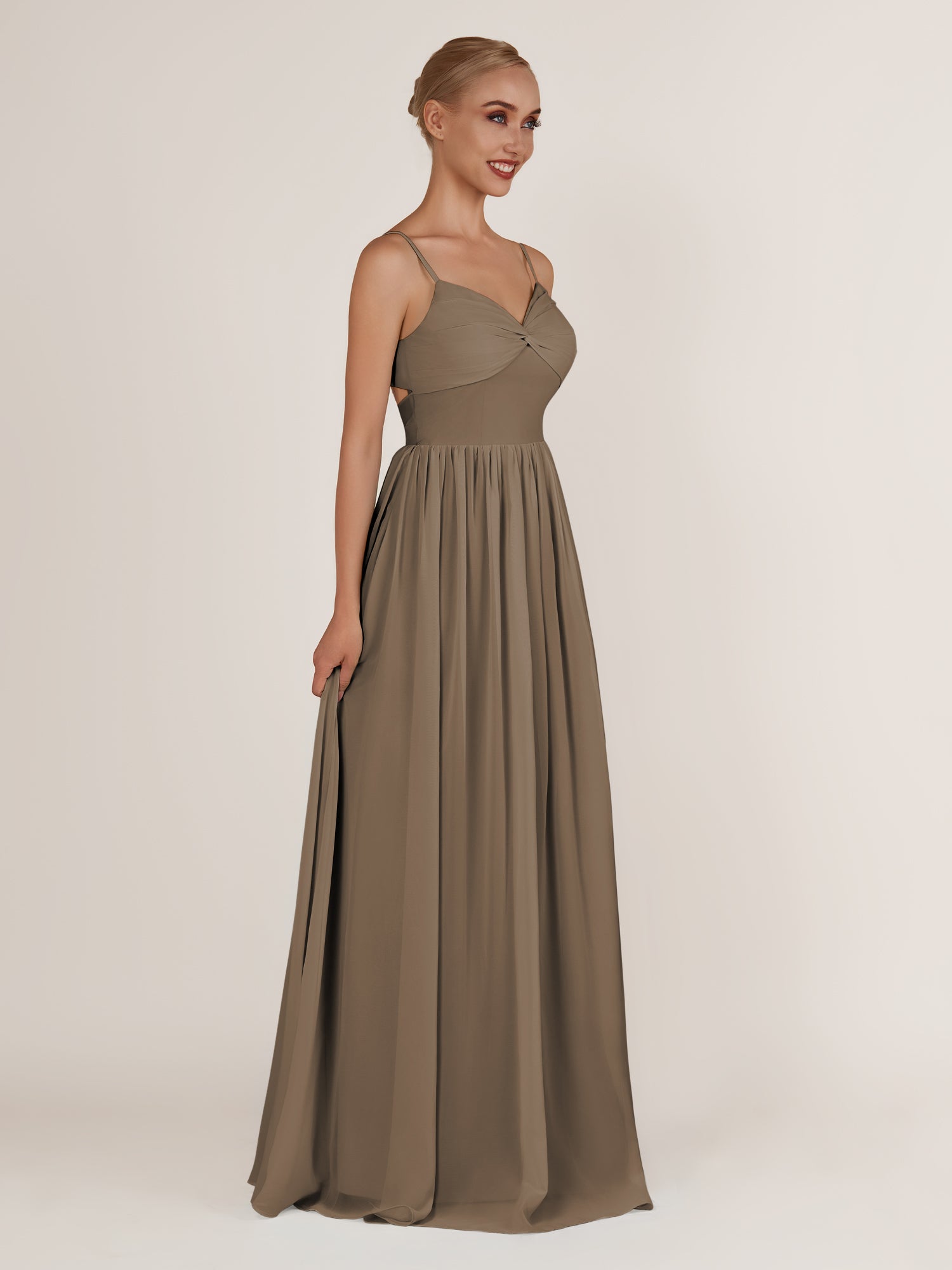 KissDress-Quillaine Willow Green A Line V Neck Twisted Long Bridesmaid Dress with Slit