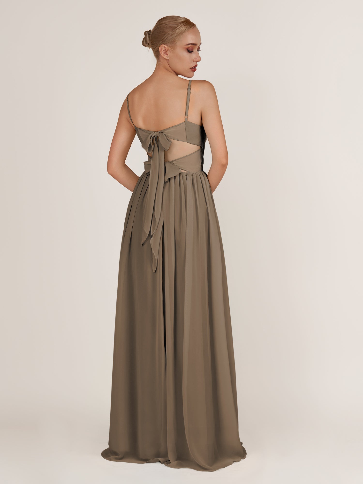 KissDress-Quillaine Willow Green A Line V Neck Twisted Long Bridesmaid Dress with Slit