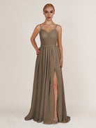 KissDress-Quillaine Willow Green A Line V Neck Twisted Long Bridesmaid Dress with Slit