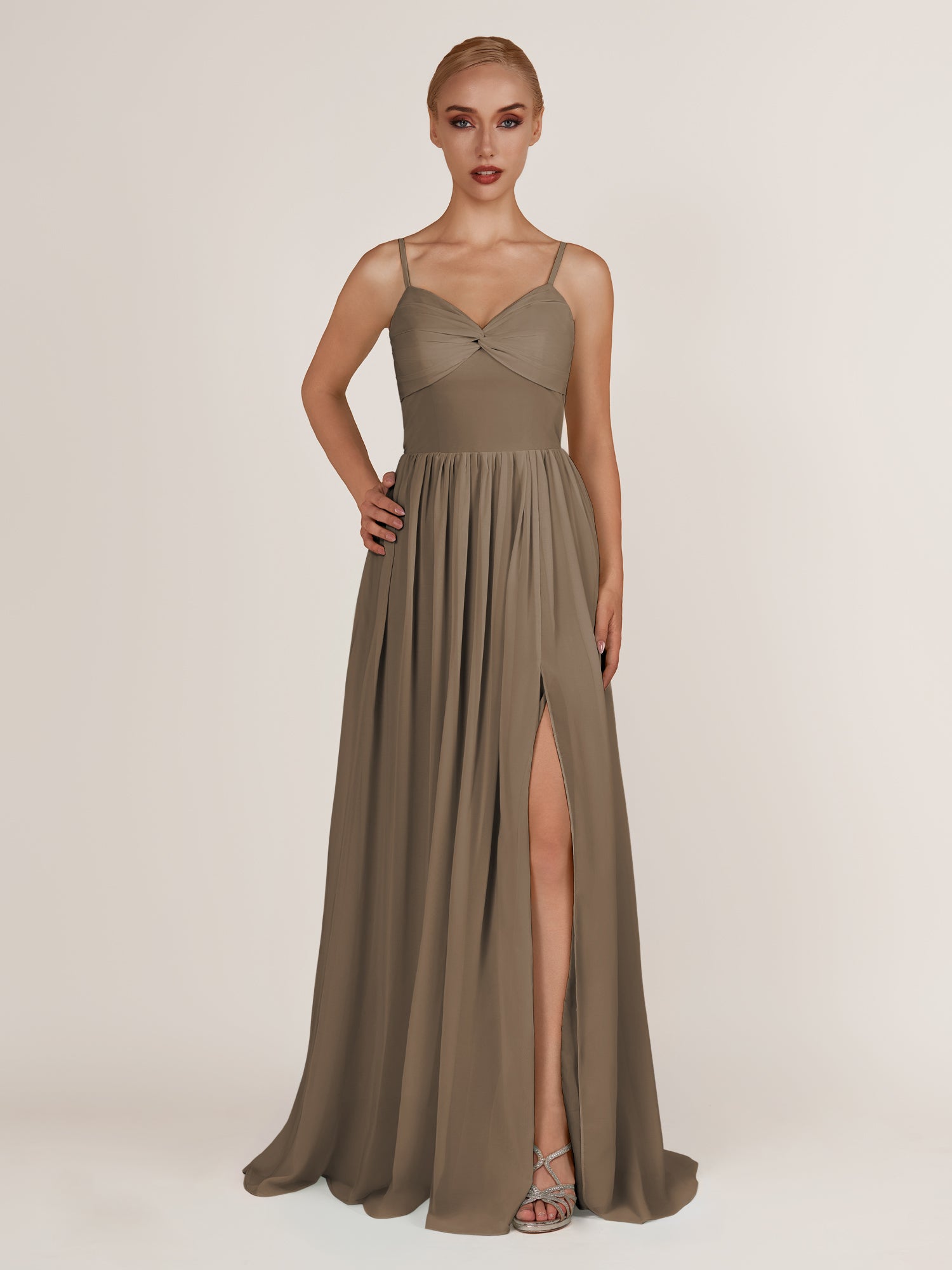 KissDress-Quillaine Willow Green A Line V Neck Twisted Long Bridesmaid Dress with Slit