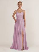 KissDress-Quillaine Wisteria A Line V Neck Twisted Long Bridesmaid Dress with Slit