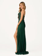 Rafenild | Green V Neck Beading Satin Long Slit Prom Dresses - KissProm