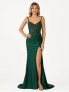 Rafenild | Green V Neck Beading Satin Long Slit Prom Dresses - KissProm