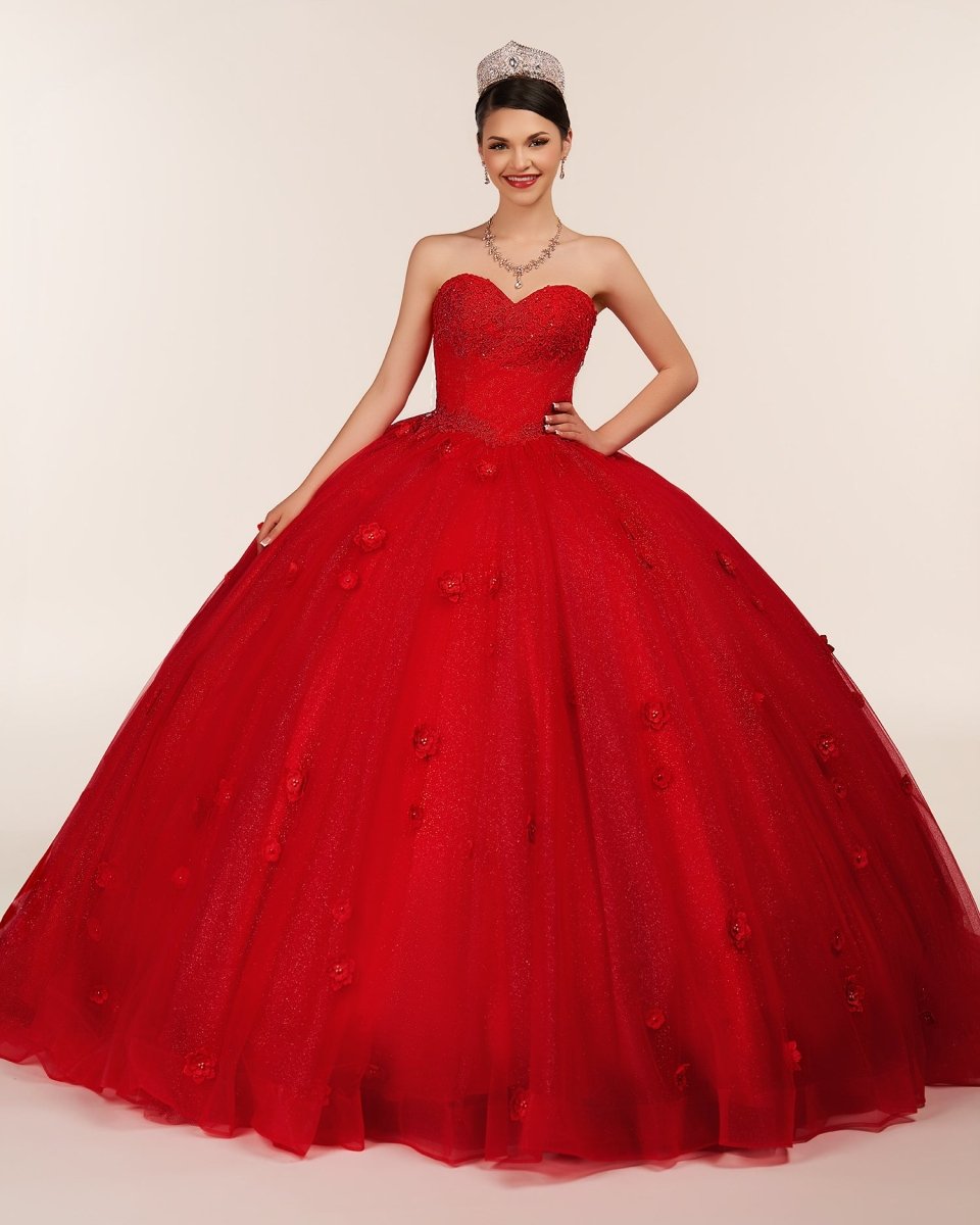 Red 3D Flowers Glitter Sequins Sleeveless Quinceanera Dresses - KissProm