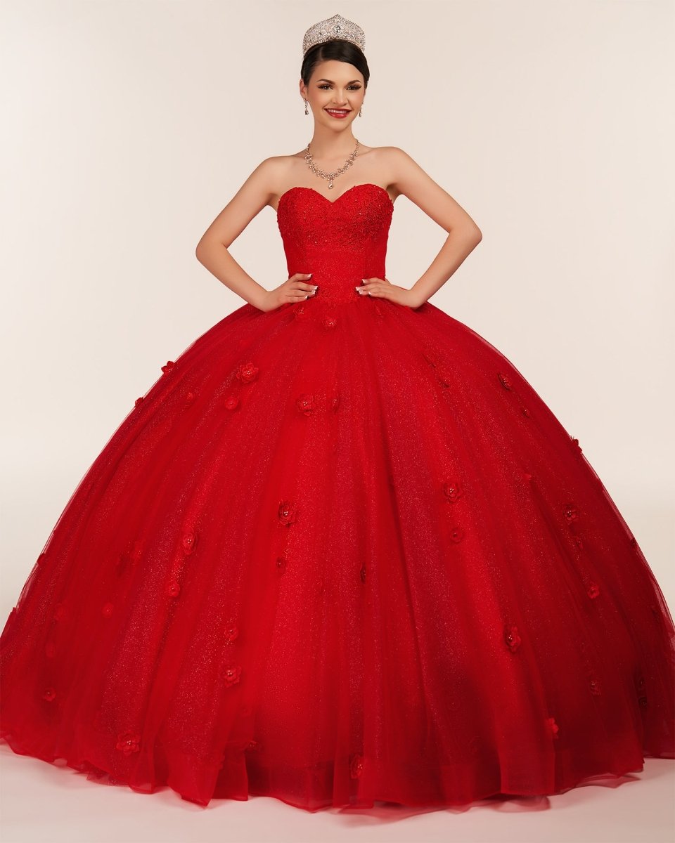 Red 3D Flowers Glitter Sequins Sleeveless Quinceanera Dresses - KissProm