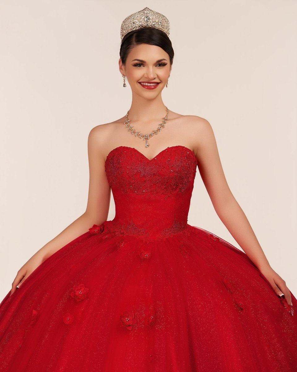 Red 3D Flowers Glitter Sequins Sleeveless Quinceanera Dresses - KissProm