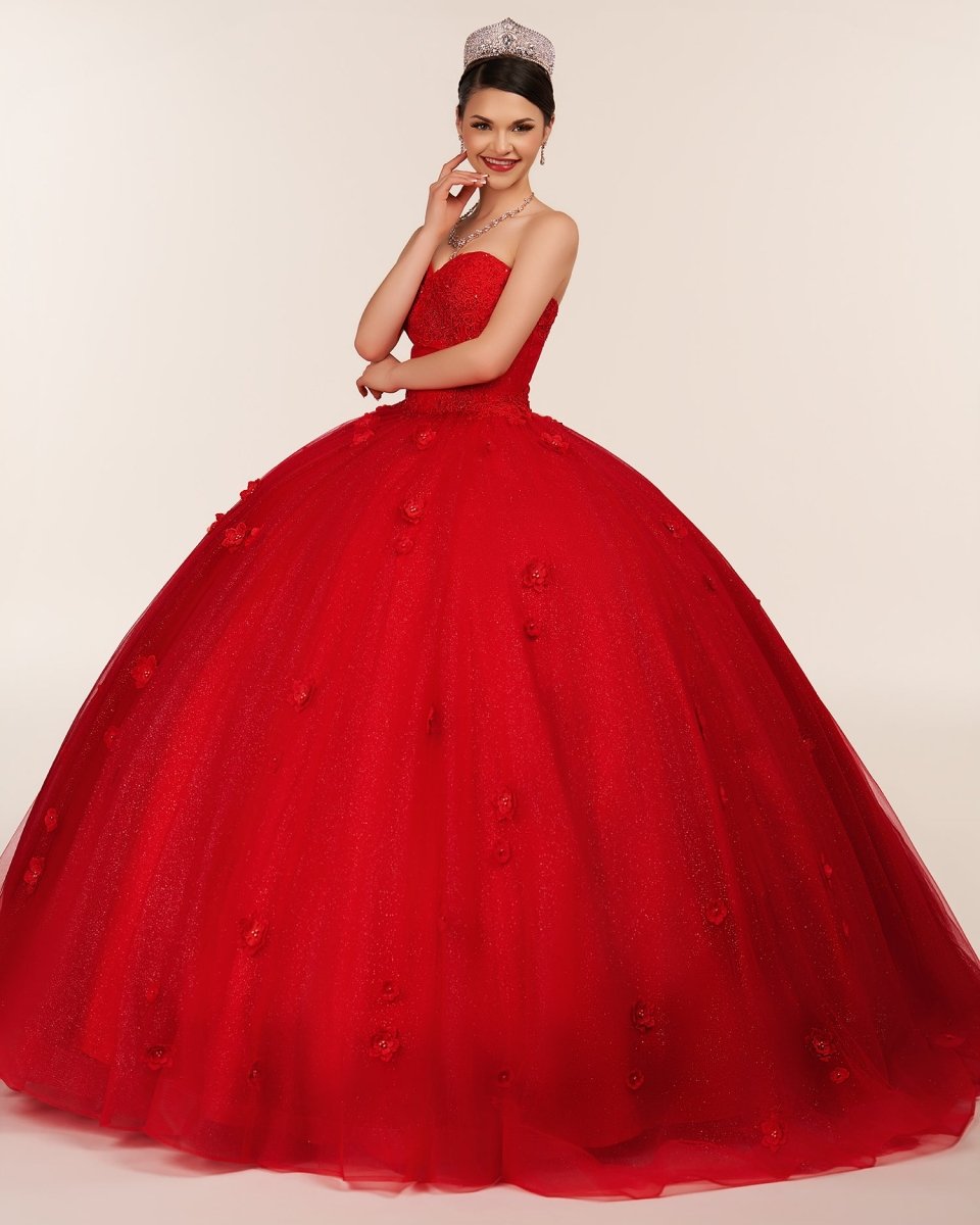Red 3D Flowers Glitter Sequins Sleeveless Quinceanera Dresses - KissProm