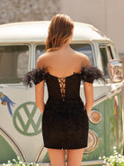 Kama | Black Tight Appliques Plunge V - Neck Lace Short Homecoming Dress with Feathers - KissProm