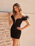 Kama | Black Tight Appliques Plunge V - Neck Lace Short Homecoming Dress with Feathers - KissProm
