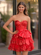 Maylin | Red Corset Sequin Appliques Short Party Dress with Bow - KissProm