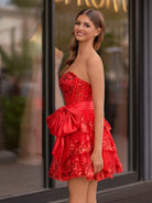 Maylin | Red Corset Sequin Appliques Short Party Dress with Bow - KissProm