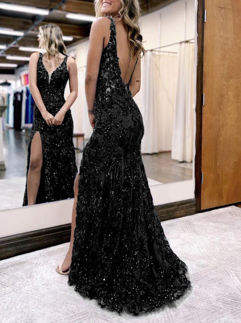 Royal Blue Mermaid V Neck Sequined Lace Prom Dress With Slit