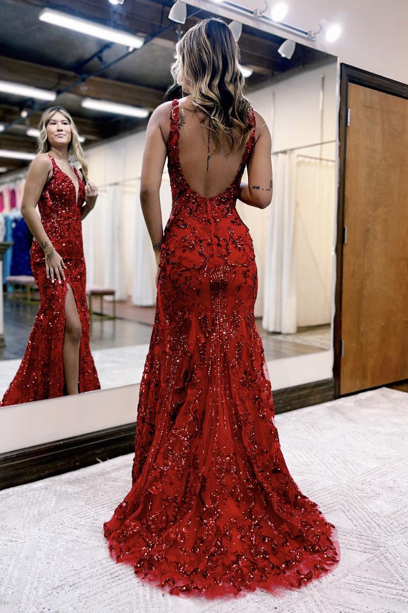 Royal Blue Mermaid V Neck Sequined Lace Prom Dress With Slit