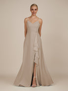 KissDress-Rhonda Almond Sheath Chiffon V Neck Ruffled Long Bridesmaid Dress with Slit