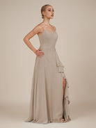 KissDress-Rhonda Almond Sheath Chiffon V Neck Ruffled Long Bridesmaid Dress with Slit