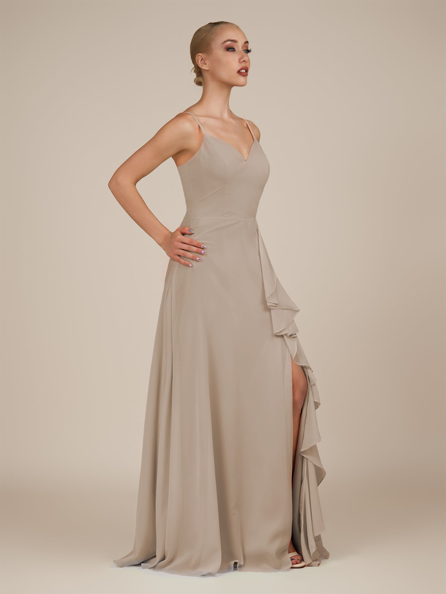 KissDress-Rhonda Almond Sheath Chiffon V Neck Ruffled Long Bridesmaid Dress with Slit