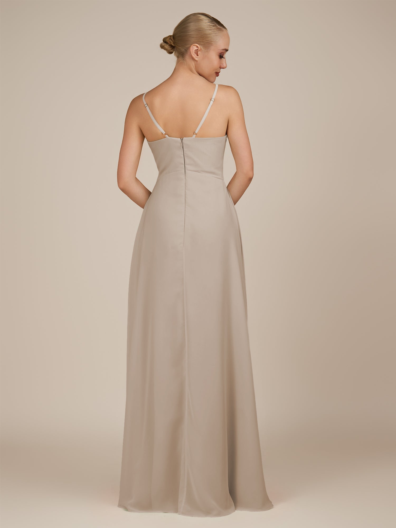 KissDress-Rhonda Almond Sheath Chiffon V Neck Ruffled Long Bridesmaid Dress with Slit