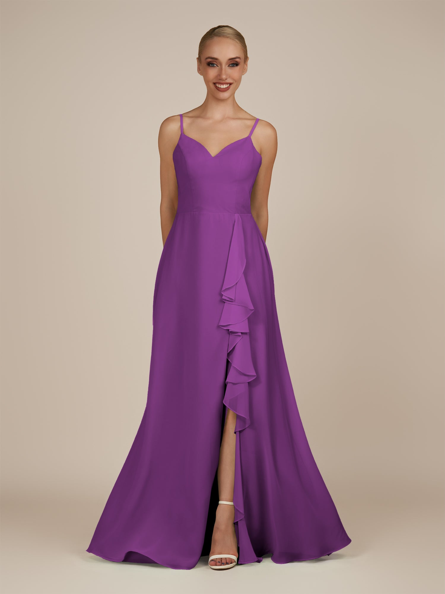 KissDress-Rhonda Amethyst Sheath Chiffon V Neck Ruffled Long Bridesmaid Dress with Slit