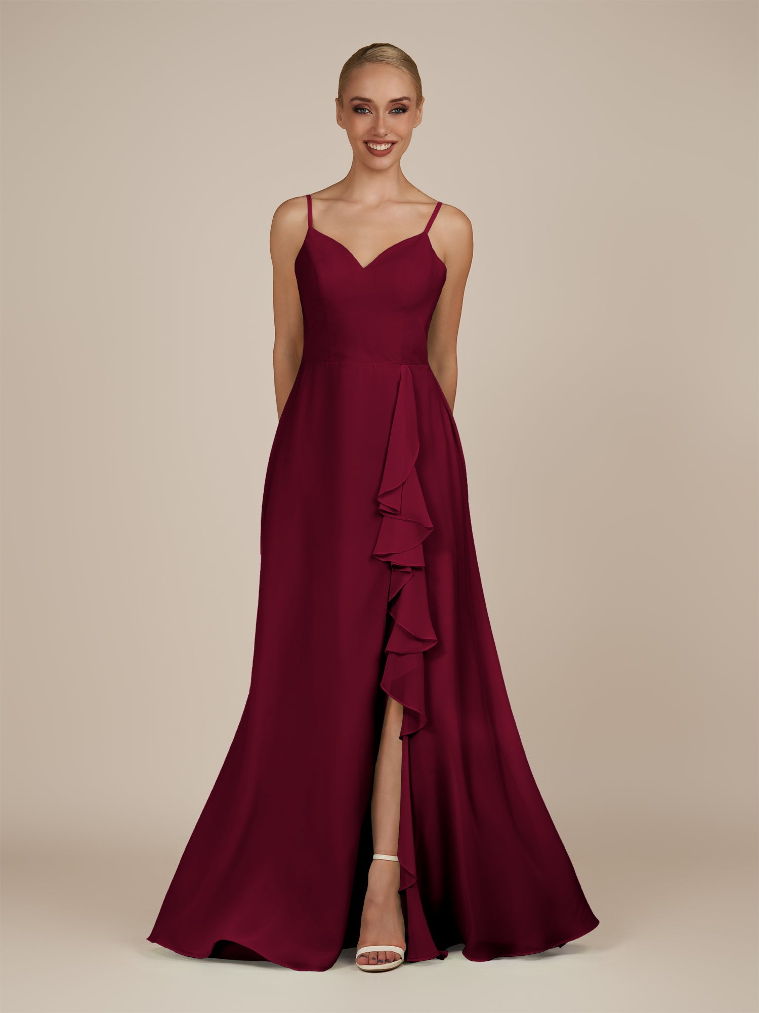 KissDress-Rhonda Berry Sheath Chiffon V Neck Ruffled Long Bridesmaid Dress with Slit
