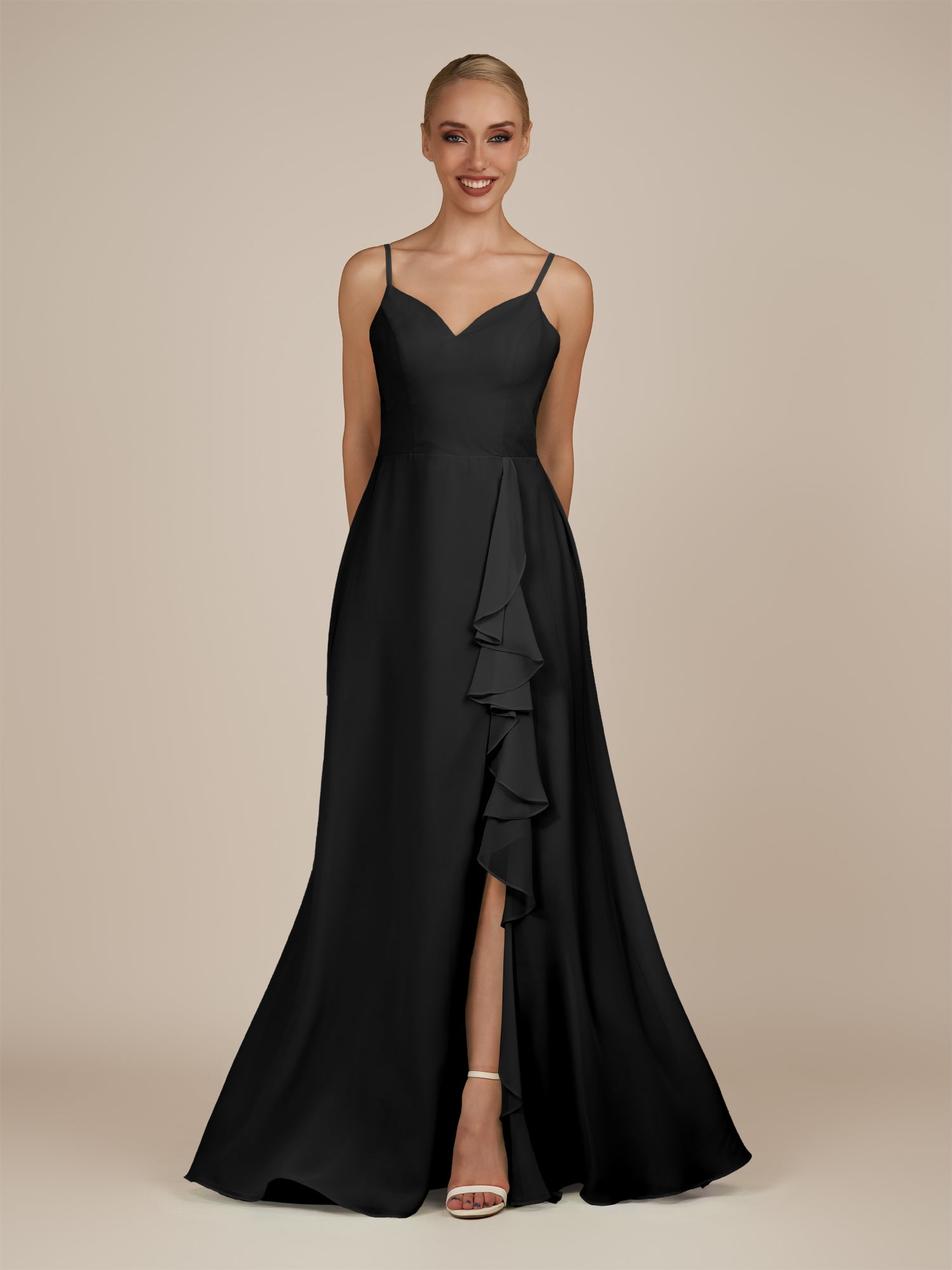 KissDress-Rhonda Black Sheath Chiffon V Neck Ruffled Long Bridesmaid Dress with Slit
