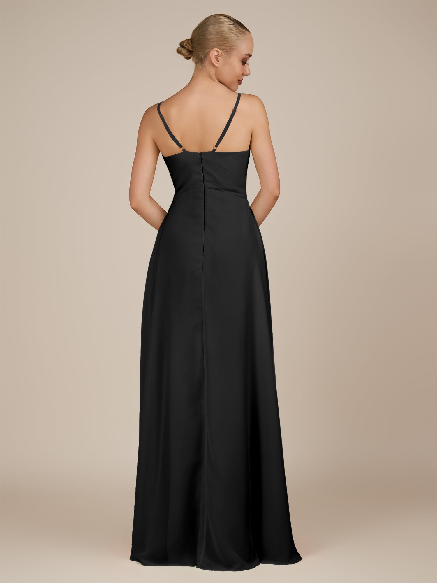 KissDress-Rhonda Black Sheath Chiffon V Neck Ruffled Long Bridesmaid Dress with Slit