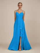 KissDress-Rhonda Blue Jay Sheath Chiffon V Neck Ruffled Long Bridesmaid Dress with Slit