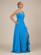 KissDress-Rhonda Blue Jay Sheath Chiffon V Neck Ruffled Long Bridesmaid Dress with Slit